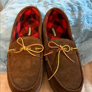 Timberland Brown Suede Moccasin Loafers with Red Plaid Lining